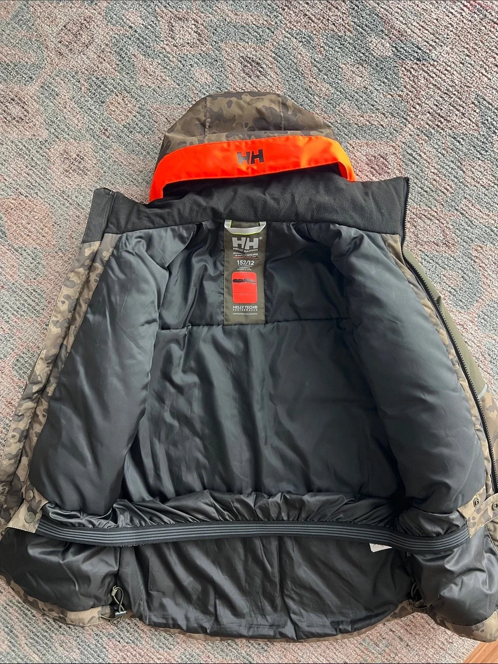 Helly Hansen Kids Olive Camo Jacket with Bright Orange Hood Trim